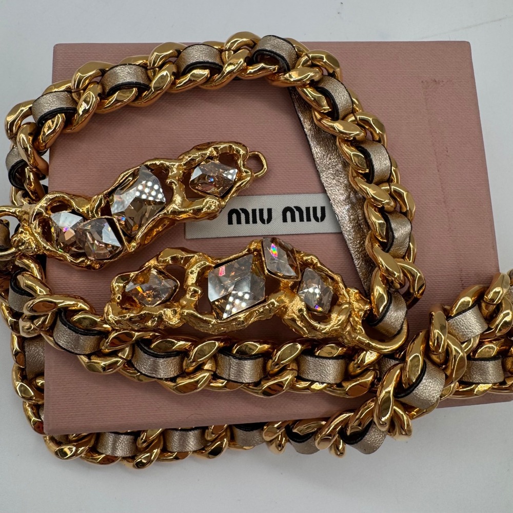 Miu Miu Gold Chain Crystal Embellished Leather Belt Chunky Champagne Metallic 90